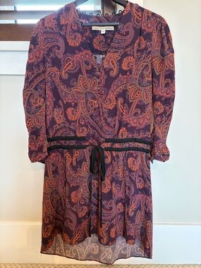 Veronica Beard Purple Paisley Tie-Waist Long Sleeve Dress with Orange Accents